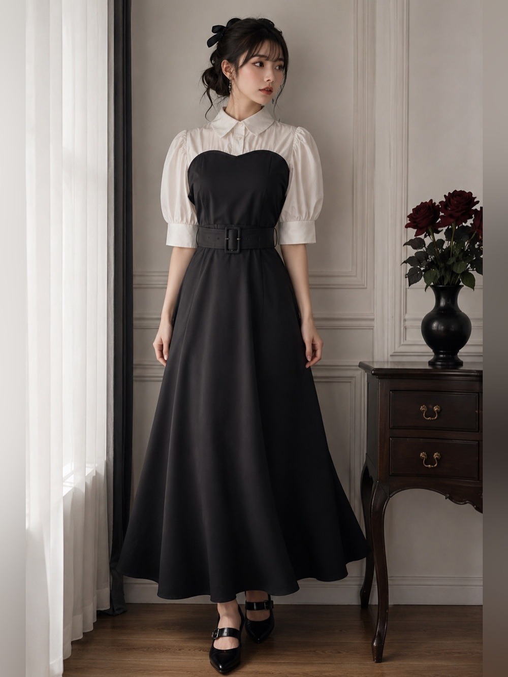 Japanese Coquette Puff Sleeve Belted Maxi Dress XS/S